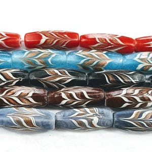 Indonesian Java Chevron Glass Barrel Beads, Tube, African Inspired, Hand Painted, 1 Strand, 15pcs. 32x12mm, Bali, Reds, Blues, Browns, Black