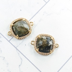 2pcs. Gold Plated Faceted Labradorite Gemstone with CZ Crystals Connector, Link, Double Bail, 19x14mm, Square Links