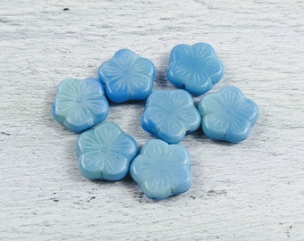 Czech Glass Sapphire and Mint Etched Flower Beads, 14mm, 14pcs.