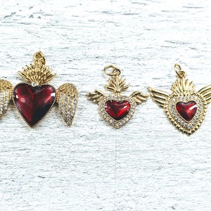 18k Gold Plated CZ Winged Red Sacred Heart Charms, CZ, Love, Milagro Ex Voto, 1pc. Flying Heart