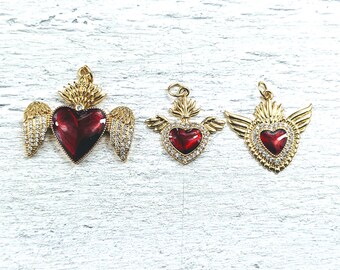 18k Gold Plated CZ Winged Red Sacred Heart Charms, CZ, Love, Milagro Ex Voto, 1pc. Flying Heart