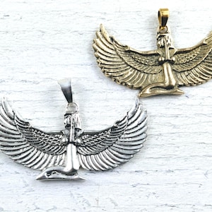 Antique Silver or Brass Egyptian Goddess Flying Wing Pendant, Spiritual, Ethnic, 64x45mm, Textured