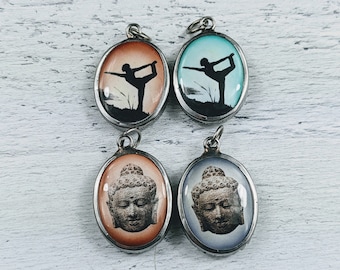 Yoga Pose or Buddha Head Oval Round Pendants, Charms, Acryllic Overlay, Hamsa, Namaste, Yoga