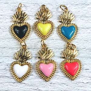Small Gold Plated and Enamel Milagro Ex Voto Heart Charms, 2pcs.  Sacred Heart, Religious, Spiritual, 22x12mm