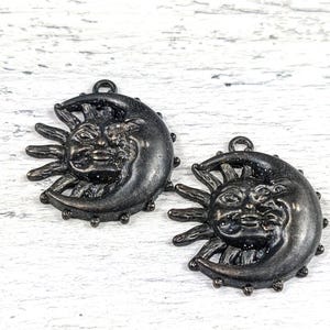Antique Silver Patina Sun and Moon Charms, 2pcs. Lunar, Celestial, Rustic, Oxidized, 32mm