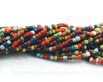 Indonesian Colorful Red Mix Glass Seed Bead Strands, 3-5mm, 46" Strand, Bali, Tube Beads, Ethnic, Bright Colors
