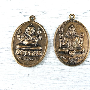Solid Bronze Sitting Ganesh and Buddha Double Sided Charm, Yoga, Namaste, 32x20mm, Trident, 1pc.