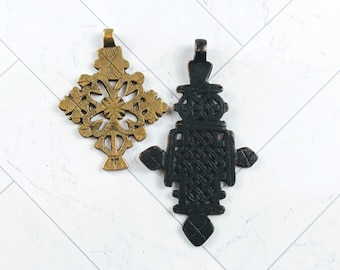 2pcs. Brass and Black Brass Ornate Ethnic Cross Pendant, Spiritual, Textured, Religious, 88mm and 61mm, Cutout Design