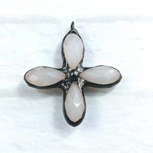 Hand Soldered Frosted White Glass Cross Pendant, Religious, Spiritual, Faceted, Teardrop, 50x45mm