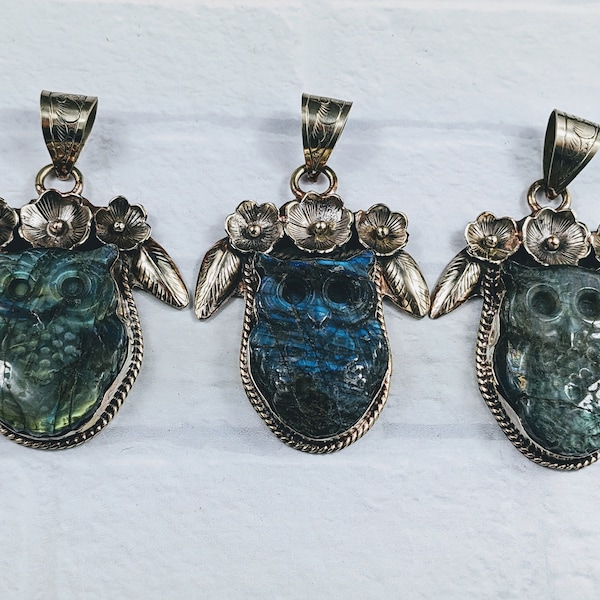 Tibetan Silver and Flash Labradorite Owl with Silver Flowers and Leaves Pendant, 1pc. Hoot, Nepal, Lotus Flower, 76x50mm, Bird