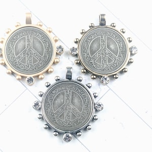 Antique Silver, Antique Gold or Matte Gold and Crystal Rhinestone Ornate Peace Sign Coin Bezel Pendants, Love, 32mm, 1pc.