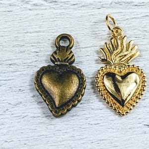 Antique Brass or Gold Plated Milagro Heart Charms, Voto, Love, Spiritual, 2pcs. Sacred Heart