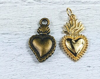 Antique Brass or Gold Plated Milagro Heart Charms, Voto, Love, Spiritual, 2pcs. Sacred Heart