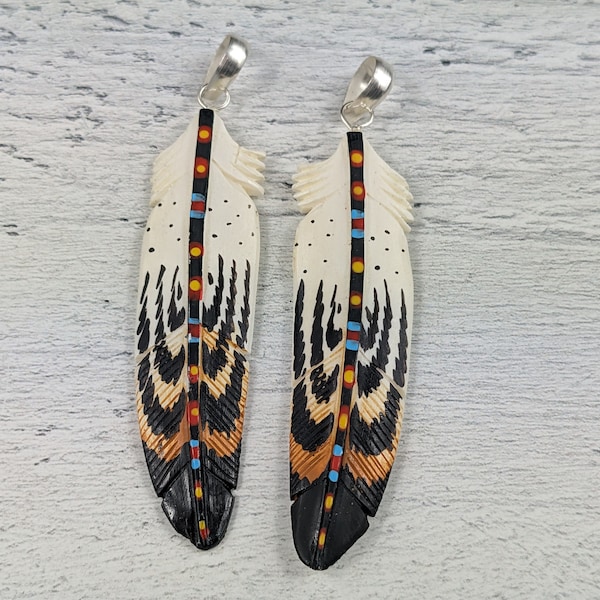 Beautiful Hand Carved and Painted Buffalo Bone Feather Pendants, Ethnic, 1pc. 63x15mm