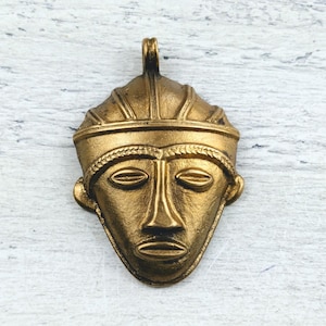 Large Brass Plated African Mask Pendant, Tribal, Ethnic, 61x40mm