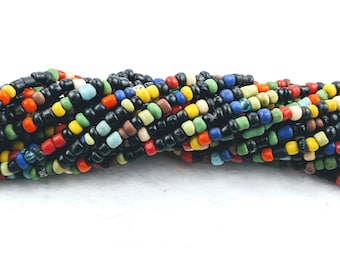 Indonesian Black Mix Glass Seed Bead Strands, 3-5mm, 46" Strand, Bali, Tube Beads, Ethnic, Bright Colors