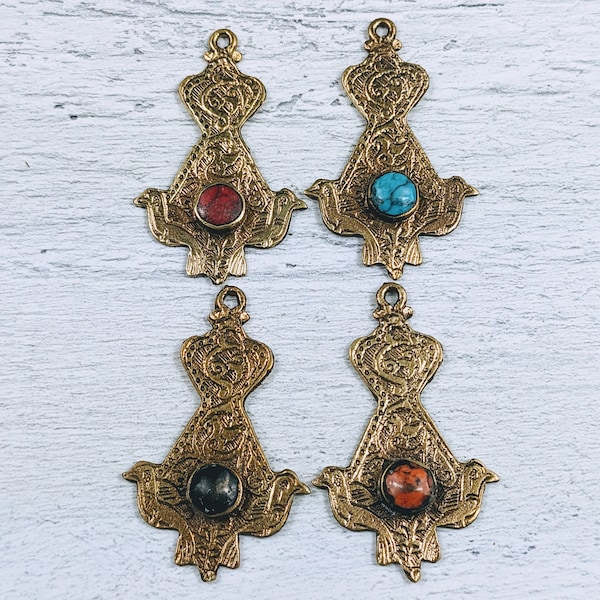 Ornate Brass Birds with Resin Inlay Pendant, Charm, Textured, Double Bird, 1pc. 32x25mm