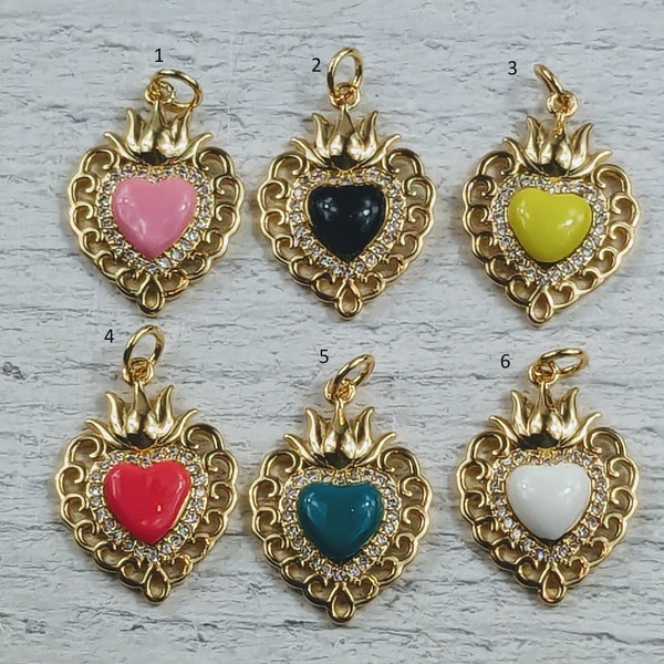 18k Gold Plated and Enamel Cz Sacred Heart Charms, 1pc. Love, Spiritual, 16x23mm, Blue, White, Pink, Black or Yellow