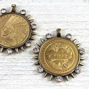 Antique Brass and Crystal Rhinestone Native and Love Gold Plated Replica Coin Pendants, Medallion, Bezel,  38mm, 1pc.