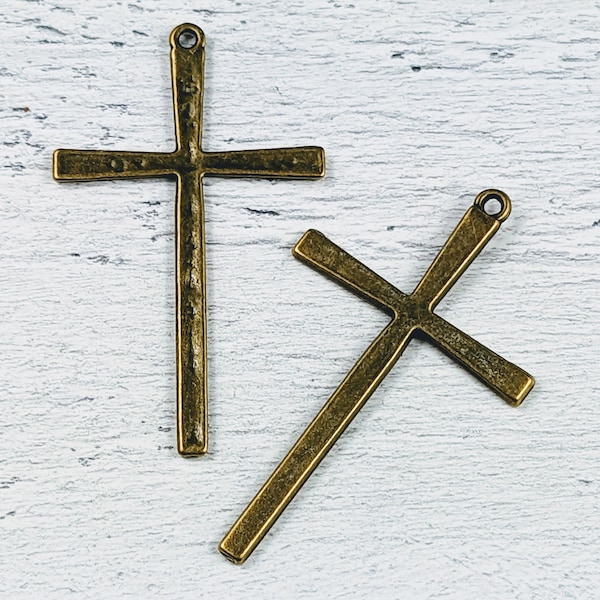 Large Antique Brass Long Cross Pendant, Spiritual, Religious, 61x36mm, 5pcs.