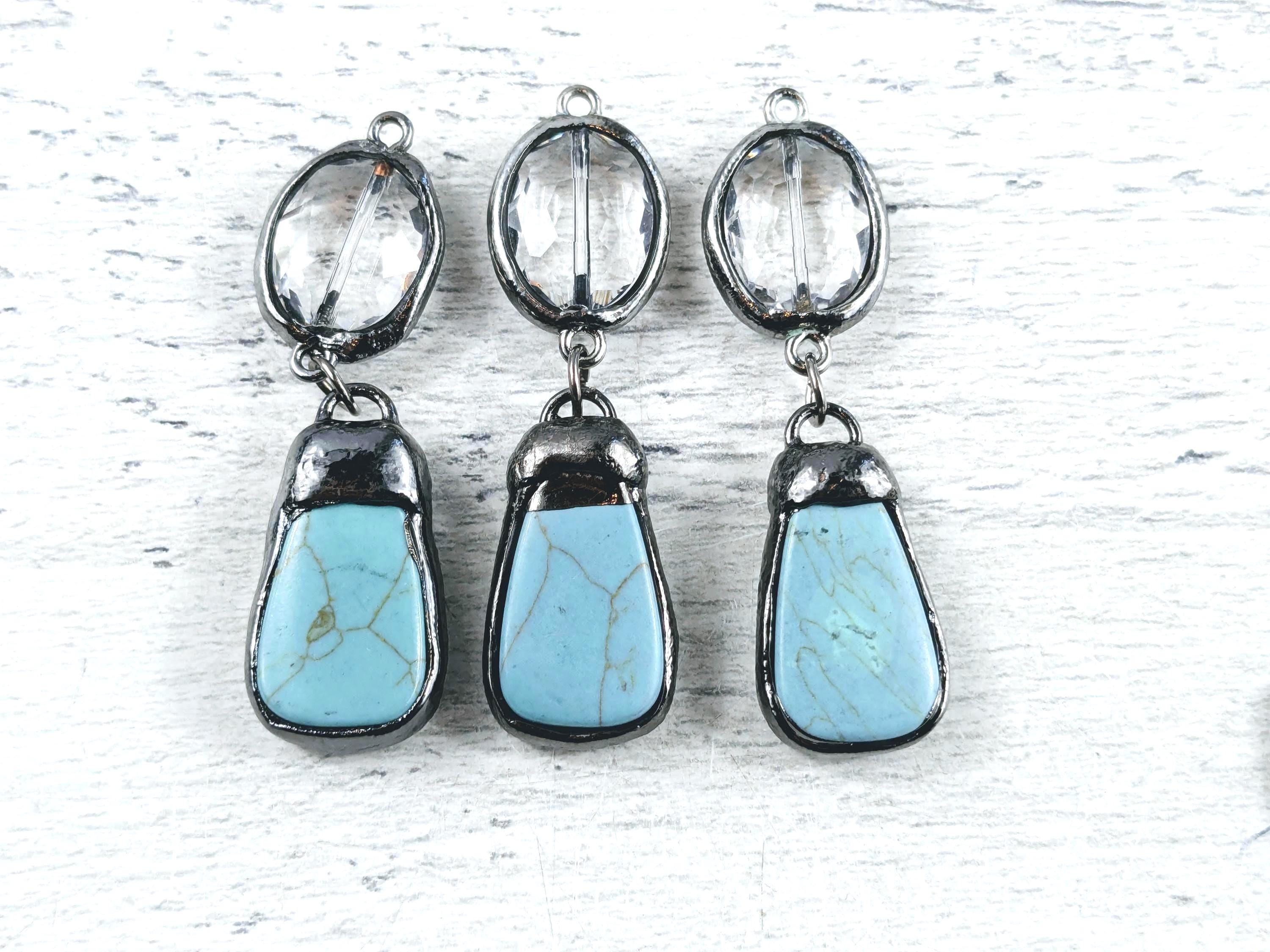 Soldered Faceted Oval Crystal and Blue Turquoise Howlite Drop Gemstone Dangle Pendant, 1pc. 50x14mm, One of a Kind