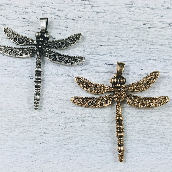 Antique Brass or Silver Large Dragonfly Pendant, Swinging Body, Insect, 50x48mm