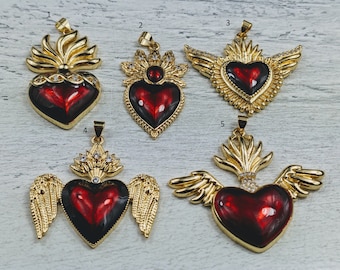 Large 18k Gold Plated CZ Red Sacred Heart Charms, CZ, Love, Milagro Ex Voto, 1pc., Barbed Wire, Winged