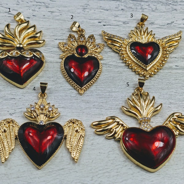 Large 18k Gold Plated CZ Red Sacred Heart Charms, CZ, Love, Milagro Ex Voto, 1pc., Barbed Wire, Winged