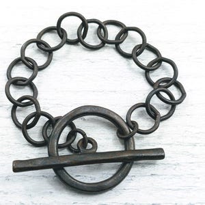 Rustic Brown Plated Round Link Chain and Toggle Clasp Boyfriend Bracelet, Hammered, 13mm Chain, 34mm Clasp