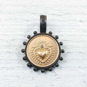 Rustic Brown Bezel and Matte Gold Rhinestone Leaf Sacred Heart Bezel Pendants, Charms, 1pc. 38x26mm, Milagro, Antiqued