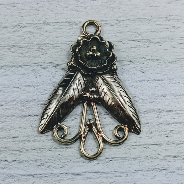 Tibetan Silver Double Flower and Leaf Connector, Pendants, Link,  Rustic, 1pc. Ethic, Nepal, 50x33mm