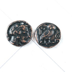 1pc. Oil Rubbed Bronze Plated Greek Owl Athena Replica Charm, Ethnic, Ancient Greek Style, 20mm