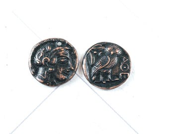 1pc. Oil Rubbed Bronze Plated Greek Owl Athena Replica Charm, Ethnic, Ancient Greek Style, 20mm