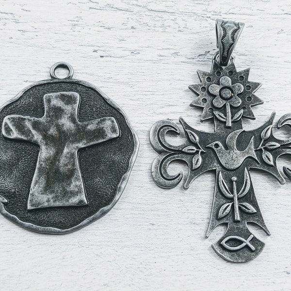 Large Hammered Round or Ornate Flower with Dove Antique Matte Gunmetal Cross Pendants, 1pc. Spiritual, Religious