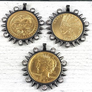 Matte Gunmetal and Crystal Rhinestone Native, Lady Liberty or Love Gold Plated Replica Coin Pendants, Medallion, Bezel,  38mm, 1pc.