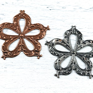 Antique Copper or Gunmetal Cutout Flower Pendant, Connector, Link, 3pcs. 38mm, Floral