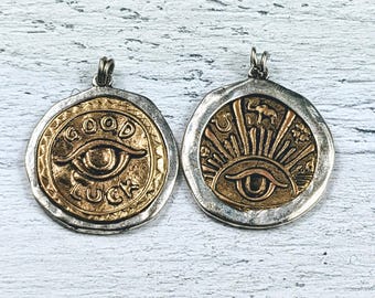 1pc. Brass and Silver Evil Eye Good Luck Round Charm Double Sided, Namaste, Yoga, Ethnic, 28mm