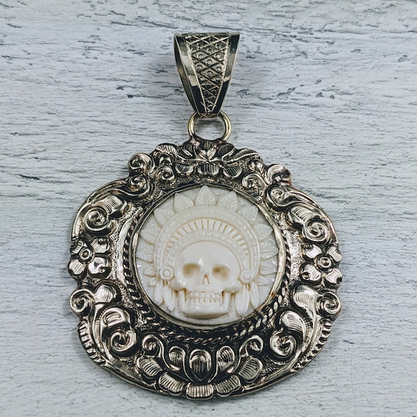 Tibetan Silver and Carved Buffalo Bone Native Style Skull Pendant, Nepal, Ethnic, Feathers, Lotus Flower, 76x58mm