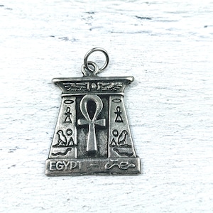 Antique silver Egyptian Pylon Ankh Cross Pendant, Charm, Ethnic, 28x24mm