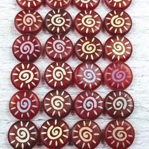 Czech Glass Laser Sun Beads, Round, Mixed Color Sun, 14mm,  Double Sided, 8pcs. Matte Red