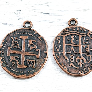 Antique Copper Roman Coin Cross Double Sided Charm, Religious, Spiritual, 25mm, 3 Charms