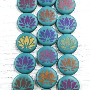 Czech Glass Laser Matte Turquoise Blue Lotus Flower Beads, Round, Namaste, Yoga, 17mm, Double Sided, Floral, 8pcs.