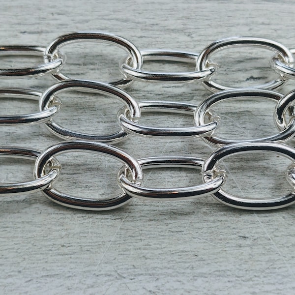 Large Silver Plated Oval Link Chain, Chunky, Boyfriend Style,  13mm, Patina, 12x20mm