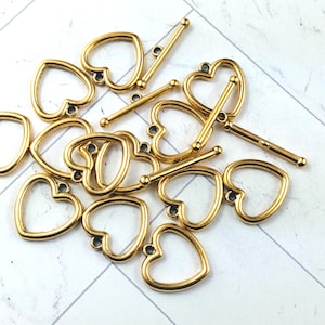 2 Sets Antique Gold Plated Heart Toggle Clasps, Love, 20mm