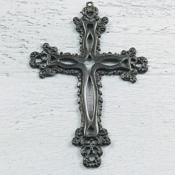 Extra Large Matte Gunmetal Ornate Heart Cross Pendant, Cutout Design, Religious, 101x70mm