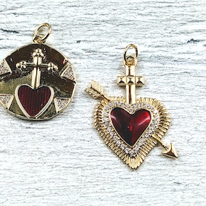 18k Gold Plated CZ Red Sacred Heart Charms, Cubic Zirconia, Arrow Cross, Love, Milagro Ex Voto, 1pc.
