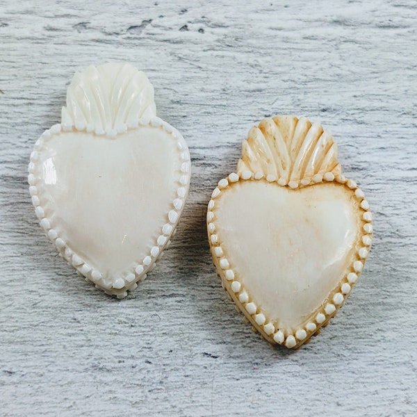 Hand Carved Natural or Antiqued Buffalo Bone Sacred Heart Beads, Double Sided, Love, Spiritual, 38x23mm, 1pc.