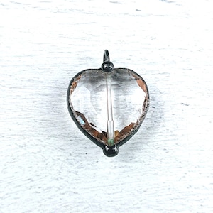 Hand Soldered Faceted Clear Crystal Heart Pendant, Love, Dark Patina, 28x20mm
