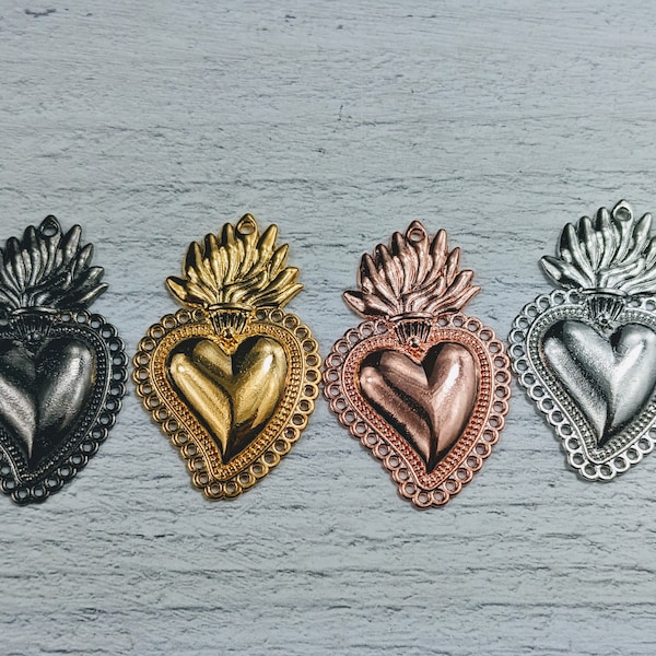 Milagro Heart Charms, Ex Voto, Gunmetal, Rose Gold, Gold or Silver, 1pc. 40x25mm