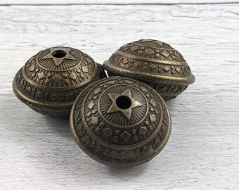 Large Antique Brass Plated Pewter Saucer Beads, Shape Designs, Large Hole, 3pcs. 28mm